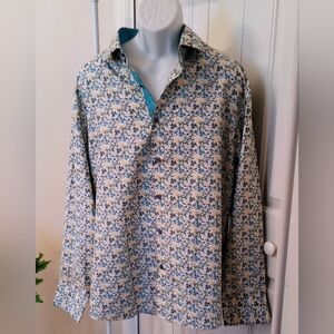 Men's Patterned Dress Shirt in Teal and Yellow